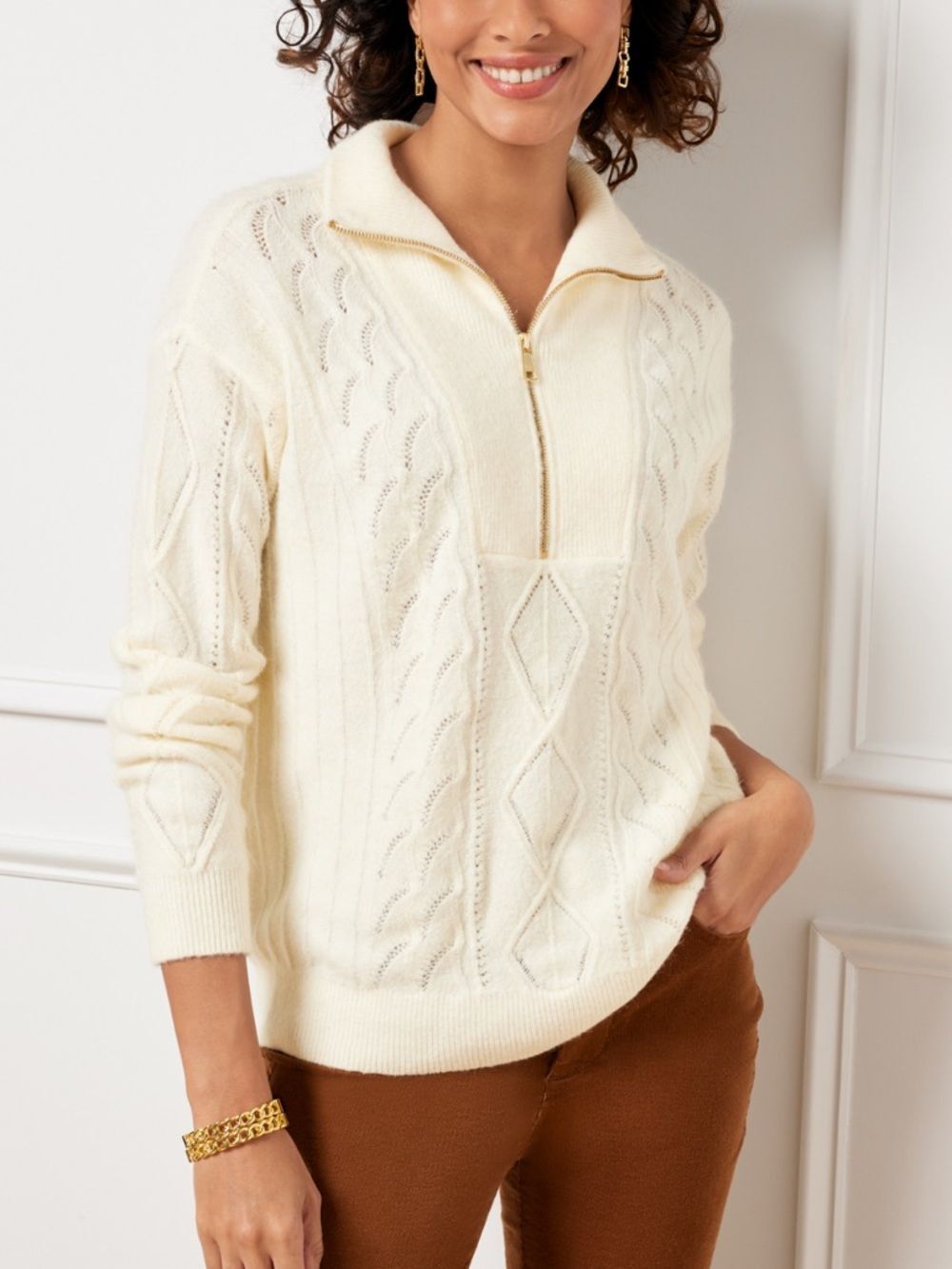 TALBOTS WOMENS CREAM CABLE KNIT HALF ZIP SWEATER SMALL NEW WITH TAGS